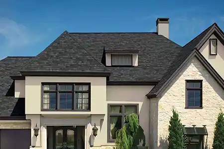 Modern, mid-class home with black shingles