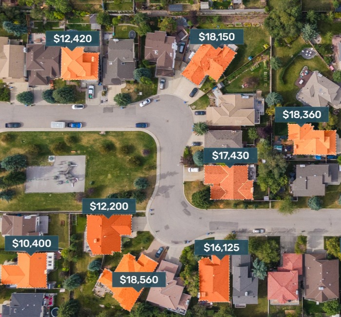 Roofle homes with orange highlighted roofs and pricing